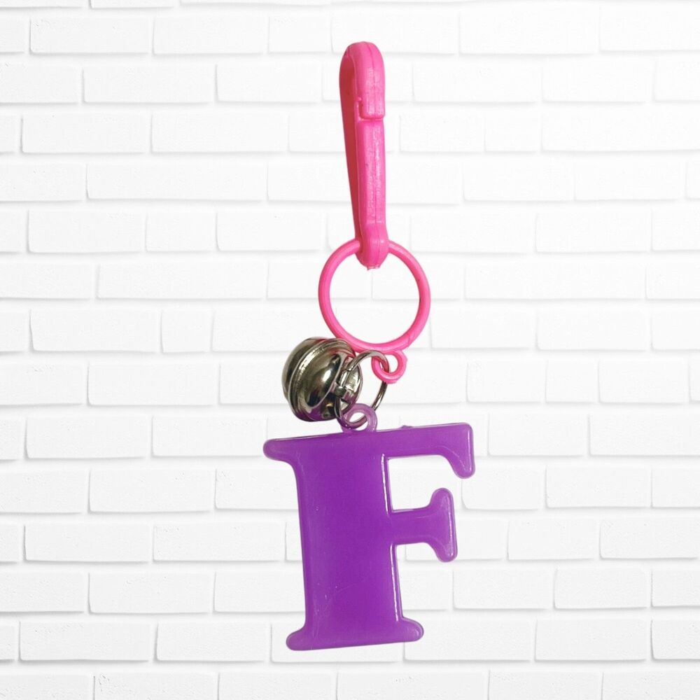 Vintage Bell Charm Letter F Purple Pink Plastic Clip-On Alphabet Toy Jewelry 80s